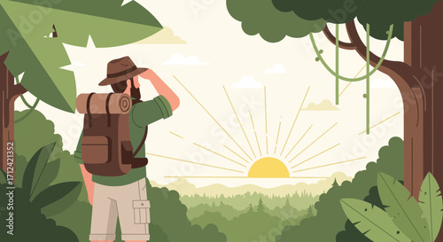 Adventurer Gazes At a Sunrise Within a Lush Forest, Discovering the Natural Beauty