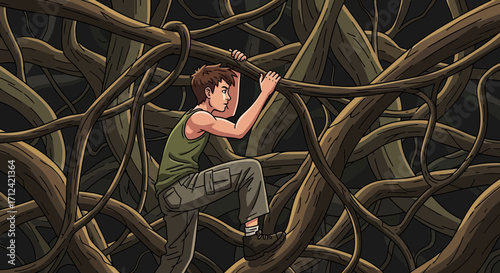 Adventurous Young Climber Navigating A Complex Network Of Twisting, Organic Structures