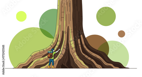 Adventurer Gazing At Majestic Redwood Tree Illustrating Nature's Grandiose Scale