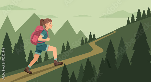 Adventurous Young Lady Ascending Mountain Trail, Exploring Nature With Backpack