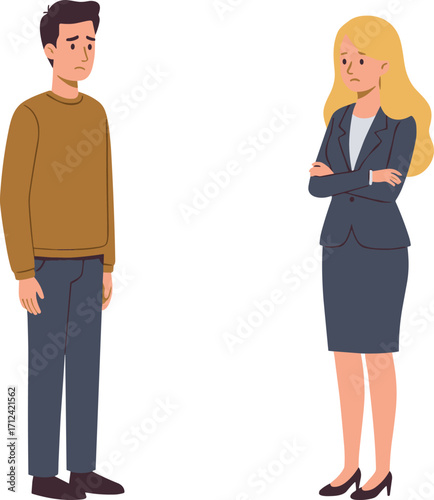 Sad business couple illustration, emotional conflict, corporate stress, unhappy man and woman, workplace tension, argument scene, cartoon vector art, flat design