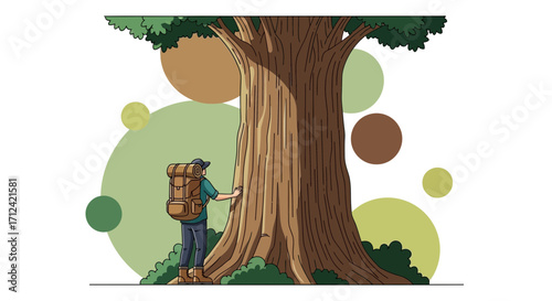 Adventurer Gently Touching Huge Tree, Exploring Nature's Magnificent, Forest, Journey