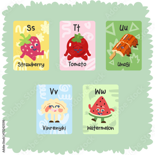 a set of alphabet educational cards with hand drawn food mascot for kids learning activity