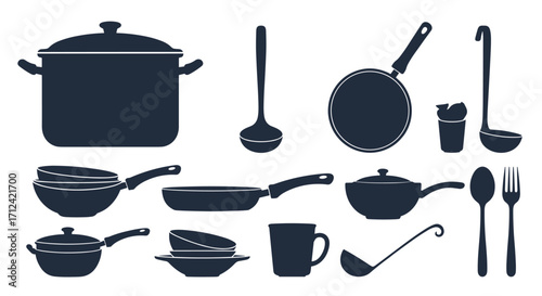 Collection of kitchenware silhouettes including pots pans and utensils.