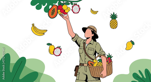Adventurer Harvesting Exotic Fruits From A Tropical Jungle for Food and Sustenance
