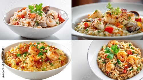 Four rice dishes with various toppings including seafoods, tomato, garnish, parsley