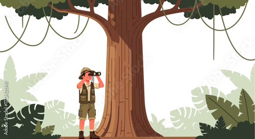 Adventurer In Jungle Observing With Binoculars Near Gigantic Tree In Search Of Wildlife