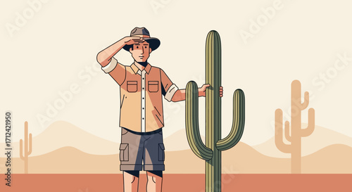 Adventurer Inspecting The Vast Desert Landscape With Cactus And Rolling Mountains