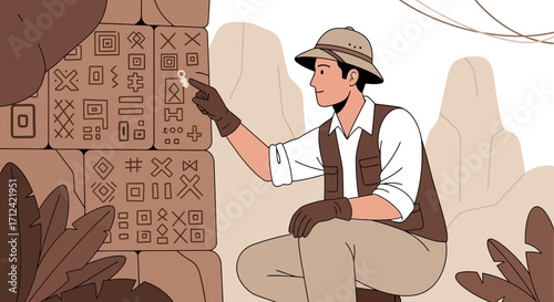 Adventurer Inspecting Ancient Symbols On Historical Carved Stone Wall In Sepia Tone