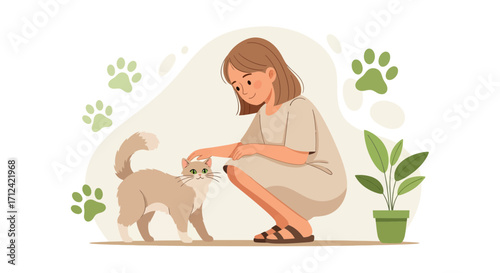 Affectionate Woman Stroking a Fluffy Cat, Enjoying a Moment of Connection