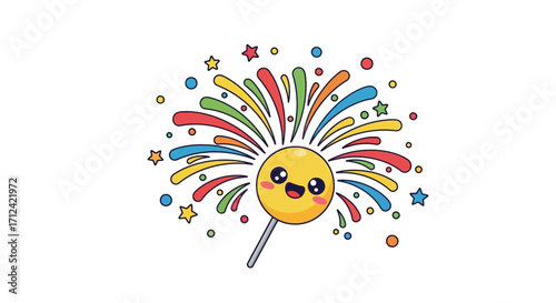 Festive lollipop character with colorful fireworks and confetti, celebrating joy and happiness