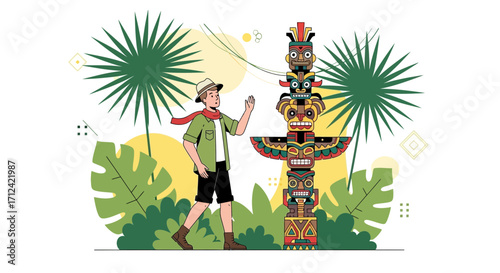 Adventurer Inspects Vibrant Totem Pole Amongst Tropical Foliage Artistically Rendered