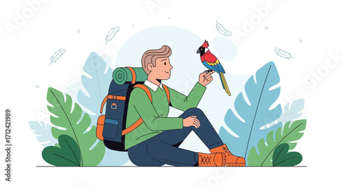 Adventurer Interacting With A Bird, Enjoying Nature's Beauty While Hiking Outdoors