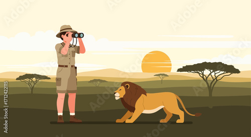 African Safari Adventure: Observer Spotting Lion with Binoculars at Sunset Scene