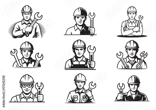 Man in helmet and wrench line art Vector
