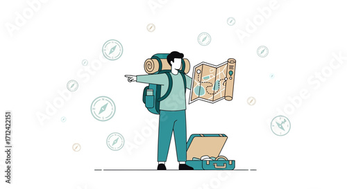 Adventurer Navigating Journey Using Map and Compass with Essential Travel Gear