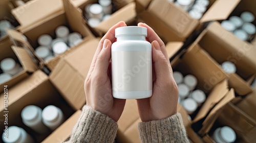 Overhead view of hands gently holding a blank white supplement bottle, surrounded by numerous similar bottles in cardboard boxes