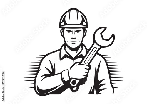 Man in helmet and wrench line art Vector