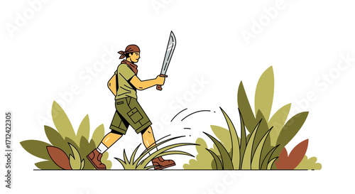 Adventurer Navigating Wilderness, Sword in Hand, Amidst Green Foliage and Expedition