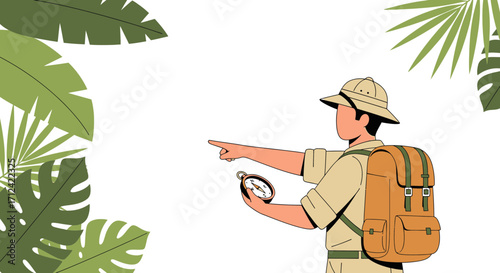 Adventurer Navigating With Compass and Backpack Amidst Lush Tropical Foliage Scene