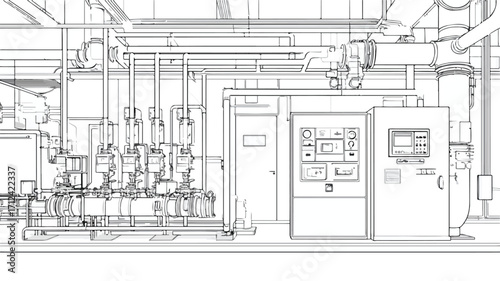 Industrial Factory Interior with Pipes and Control Panel