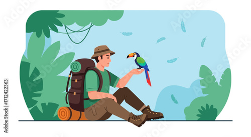Adventurer Observes Exotic Bird While Relaxing During Expedition Journey in Nature