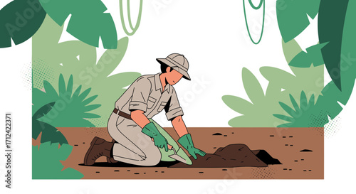 An Adventurous Explorer Excavating In An Environment With Abundant Greenery Surrounded By Vegetation