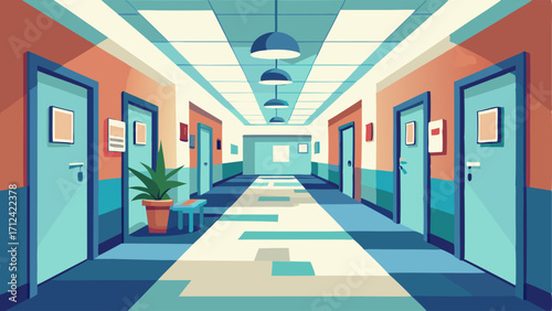 A spacious and welllit hallway leading to different exam rooms.