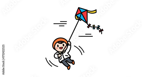 A happy child flying a colorful kite on a windy day, enjoying outdoor fun and freedom