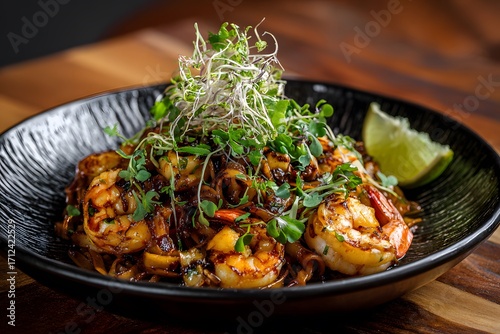 Slika na platnu Char Kway Teow - wok-fried flat noodles with juicy prawns and cockles, plated on
