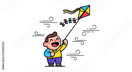 Happy child flying a colorful kite in the wind, illustration of childhood joy and outdoor play
