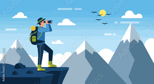 Adventurer Observing Landscape Scenic Exploration Illustration Vector Design with Mountains