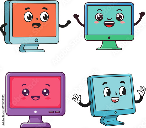 Four cartoon computer monitors with happy faces and waving arms, designed in a cute, friendly style