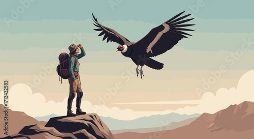 Adventurer Observing Majestic Andean Condor's Flight Across The Mountainous Landscape Always