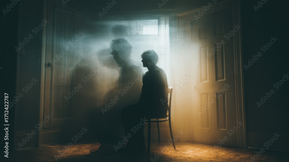 Obraz premium Mysterious silhouette of a figure sitting on a chair in a dimly lit room surrounded by ethereal fog creating an atmosphere of intrigue and contemplation.