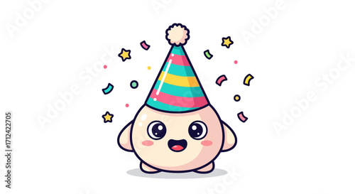 Cute cartoon character wearing a party hat with confetti and stars, celebrating a special occasion or birthday with joy and excitement
