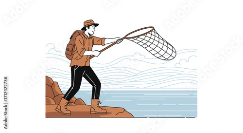 An Explorer Attempts To Catch Something With a Net Near Coastal Water Or The Ocean