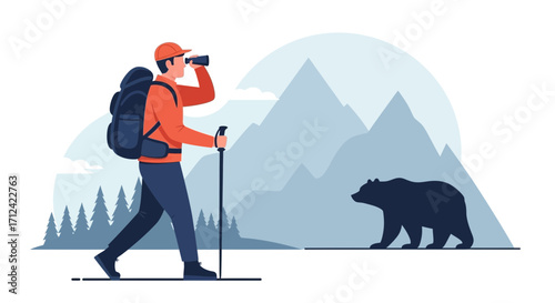 Adventurer Observing Wildlife In Mountains Discovering Bear While Hiking Outdoors