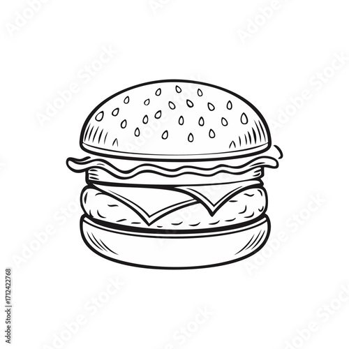 Flat design burger icon. Vector art, minimalist, clean lines, vibrant colors. A simple, appetizing cheeseburger illustration. Isolated object on a clean background.