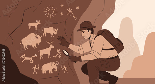 An Explorer Examining Prehistoric Cave Paintings Depicting Ancient Wildlife With Skill