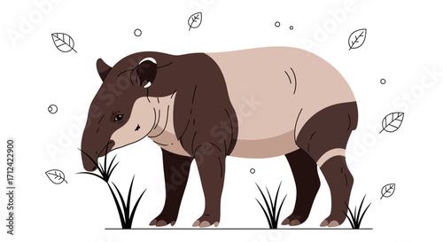 An Illustrated Tapir Grazing: A Colorful And Minimalist Vector Illustration On White