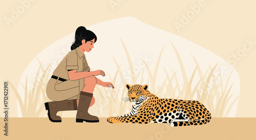 An Illustrated Scene Of A Zookeeper Interacting With A Majestic Leopard In Nature