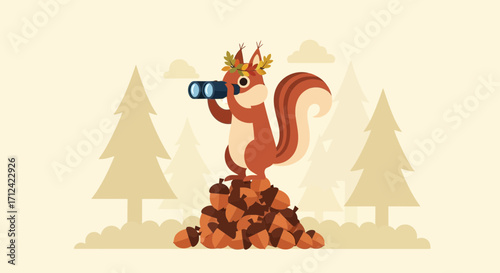 An Observant Squirrel with Binoculars Surveys Acorn Stash in Autumnal Forest Scene