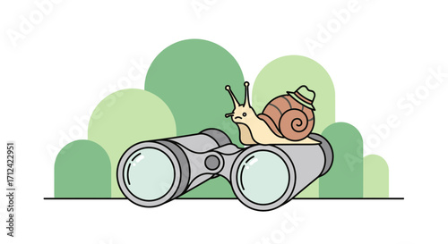 An Observing Snail Wearing A Hat Rides Binoculars, Looking For Something, Vector Illustration