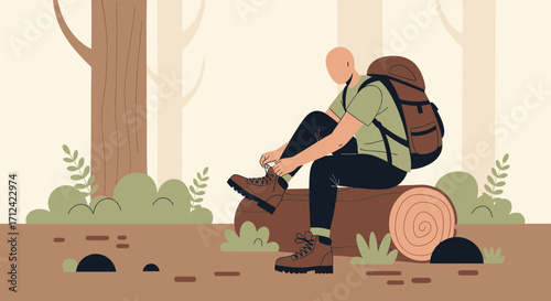 Adventurer Prepares Hike In Forest, Getting Ready For Nature Exploration Trekking