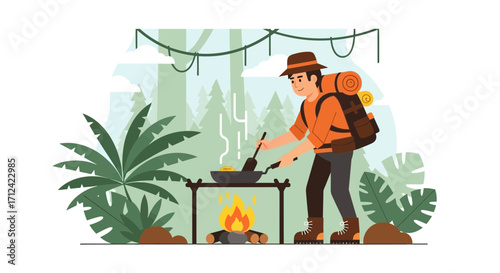 Adventurer Preparing Meal Over Campfire In A Lush Forest Environment Illustrative Vector Art