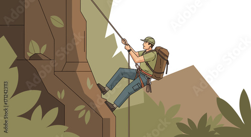 Adventurer Rappelling Cliffside While Engaged in Climber's Descent, Enjoying Outdoor Recreation