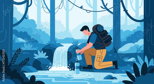 Adventurer Refilling Water Bottle At Waterfall In Tranquil Blue Forest Illustration