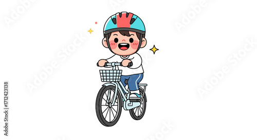 Cheerful cartoon child in a safety helmet happily riding a bicycle with a front basket, symbolizing an active and joyful outdoor lifestyle for young kids and promoting healthy recreational activities