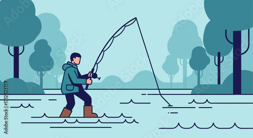 Angler Casting Line In River Surrounded With Trees And Naturalistic Tranquility